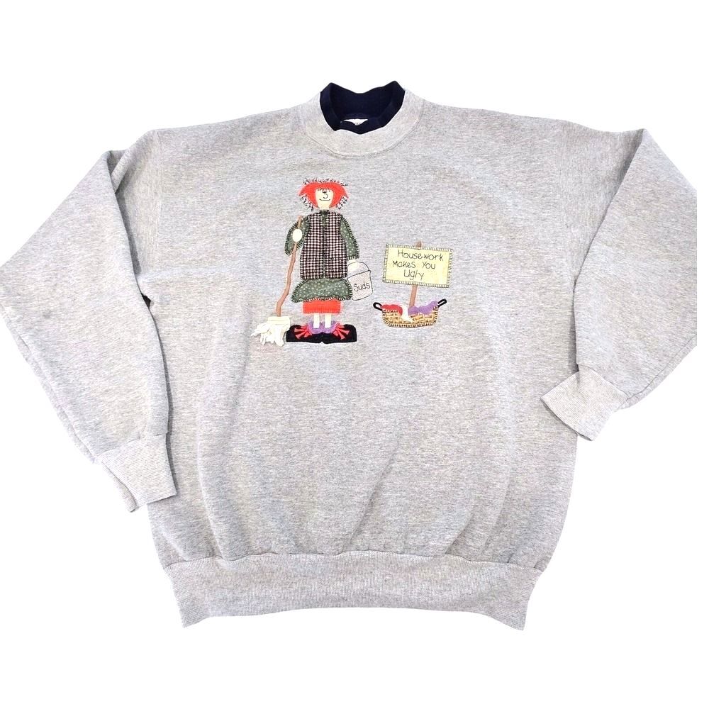 VTG 90s Logotel For Her Housework Makes You Ugly Sweatshirt Applique L/XL USA